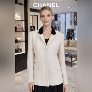 CHANEL Sequin Tweed Blazer Jacket Beige Black Size 42/10
